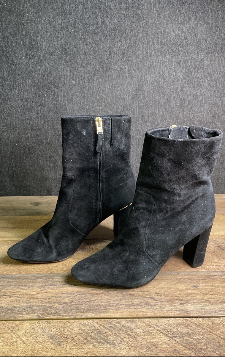Brian Atwood Black Suede Gold Accent Ankle Booties Size 6.5