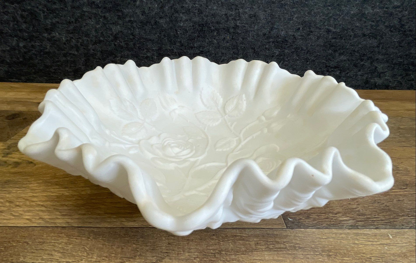 Satin Glass White Rose Pattern Ruffled Bowl 9 Inch Vintage