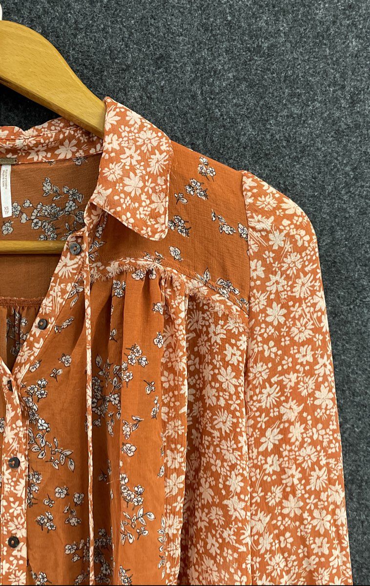 Free People Women's Orange Terracotta Mixed Floral Button Down Blouse Sz XS