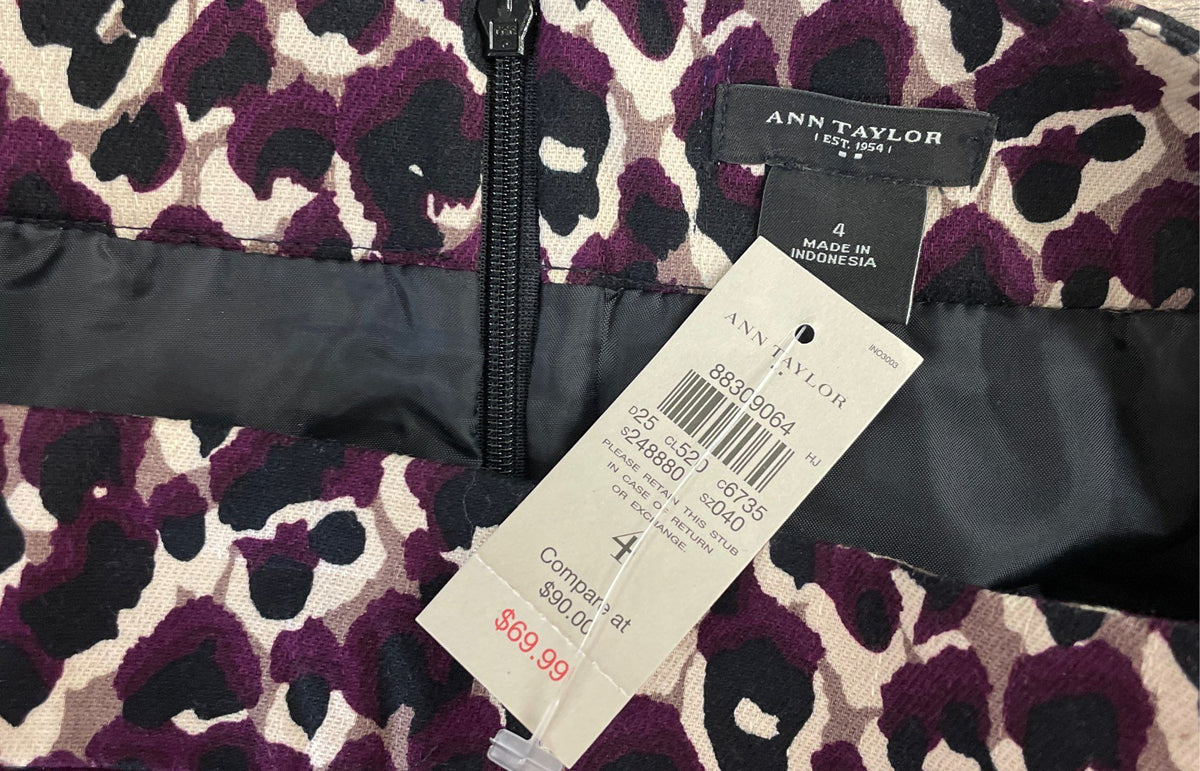 Ann Taylor Women's Purple Leopard Print Cotton Pencil Skirt Sz 4 NWT
