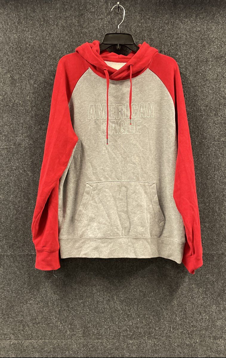 American Eagle Men's Gray Red Raglan Logo Super Soft Pullover Hoodie Sz L