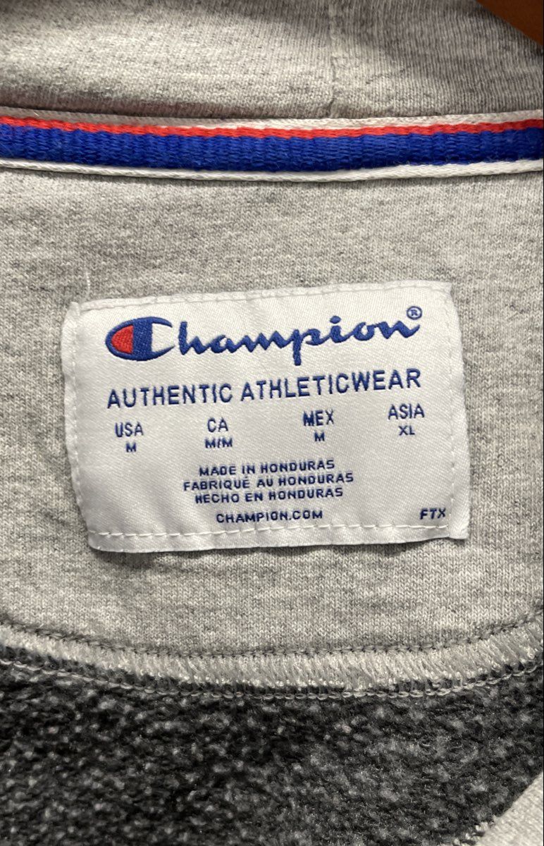 Champion Men's Grey Long Sleeve Script Logo Raw Hem Cropped Hoodie Size M