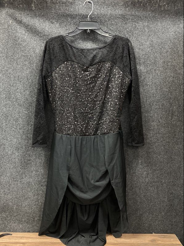 Women's Black Sequin Lace Long Sleeve Dance Costume Draped Skirt Dress