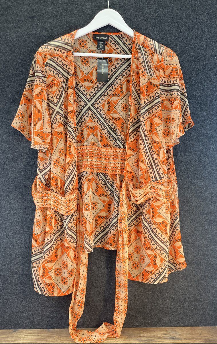 Lane Bryant Women's Orange Geometric Smocked Kimono Wrap Top NWT Sz 18/20