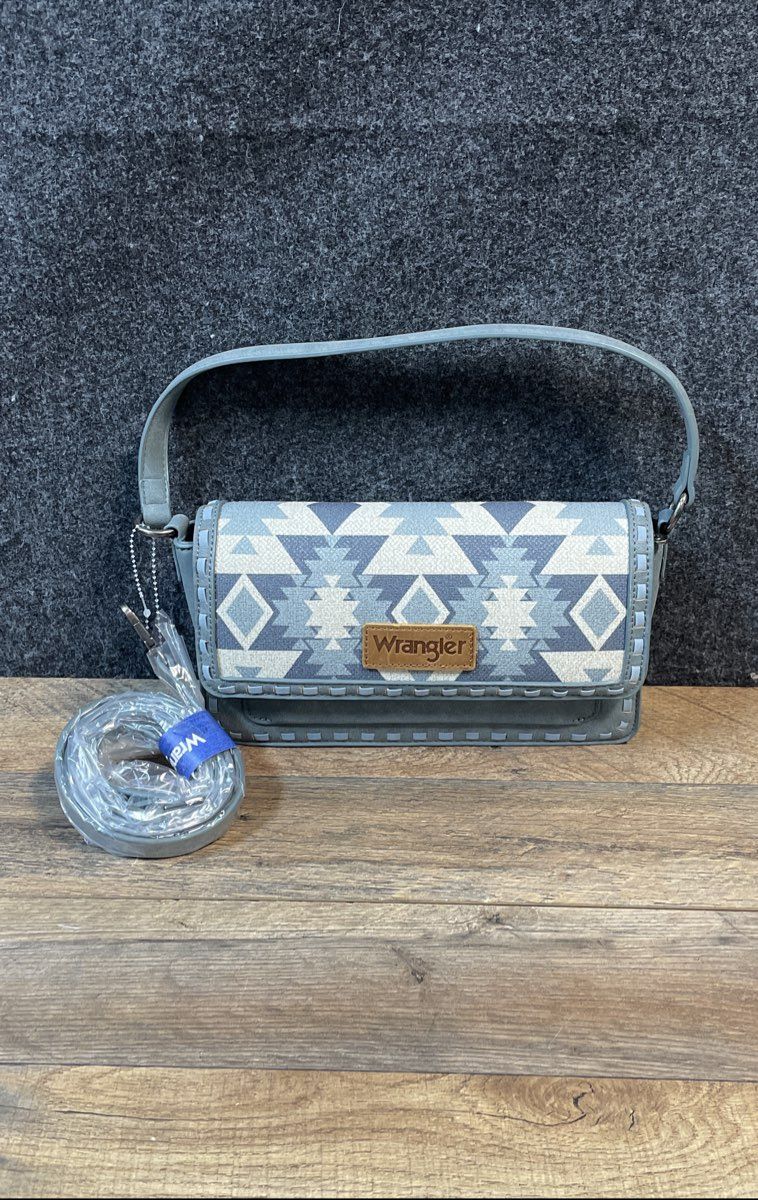 Wrangler Blue Geometric Southwestern Crossbody Shoulder Bag Pewter Hardware