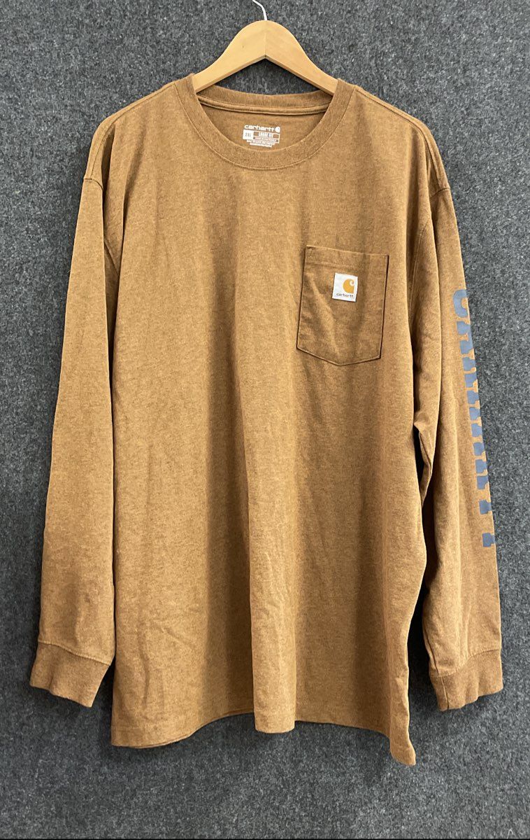Carhartt Men's Brown Loose Fit Long Sleeve Pocket Logo Sleeve T-Shirt Sz 2XL
