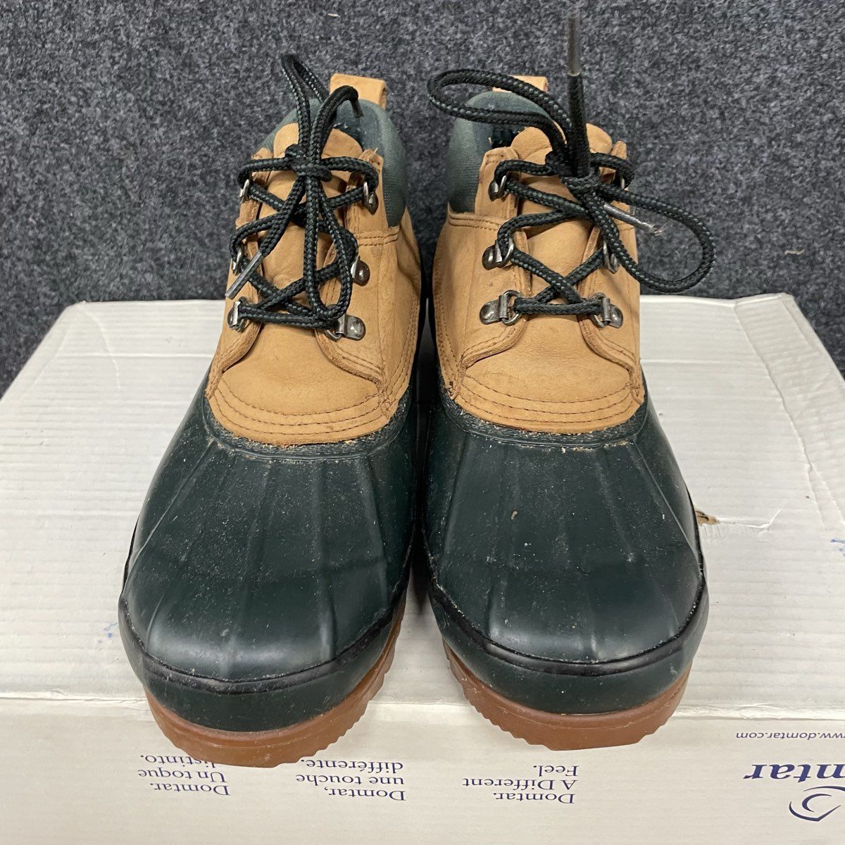 Lands' End Lace Up Duck Boots Tan Green Rubber Leather Ankle Boots Size 9