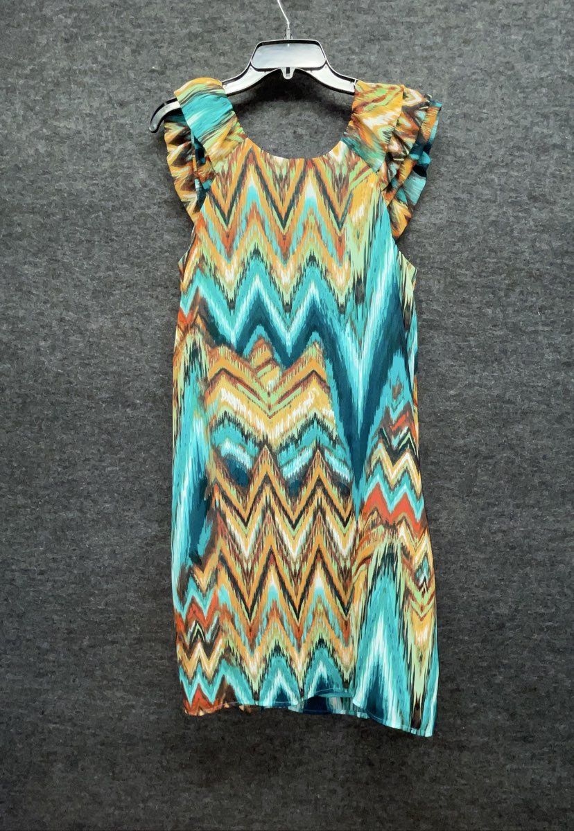 Rabbit Rabbit Designs Women's Multicolor Chevron Ikat Ruffle Cap Sleeve Dress 12