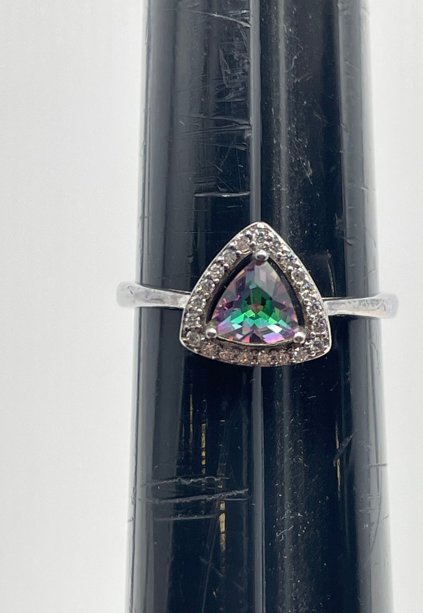 925 Sterling Silver Trillion Cut Mystic Topaz Ring w/ CZ Accent Stones 2.4g