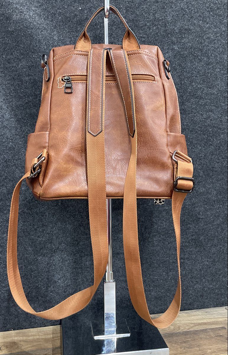 Brown Leather Convertible Backpack Bag Multi Pocket Animal Print Accent