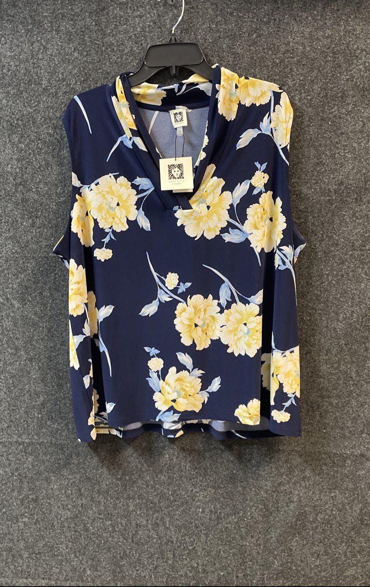 Anne Klein Women's Navy Blue Floral Sleeveless V-Neck Top Size 3X NWT