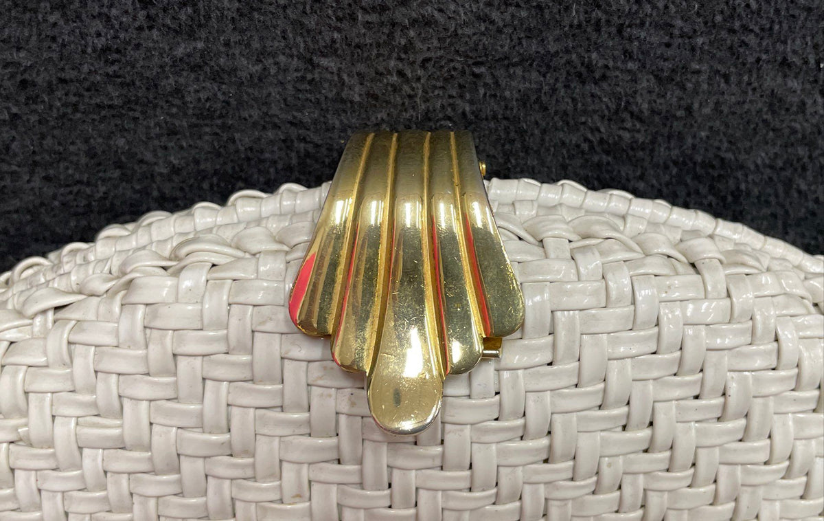 Vintage Ronora White Woven Clutch Bag Gold Shell Clasp Crossbody Hong Kong
