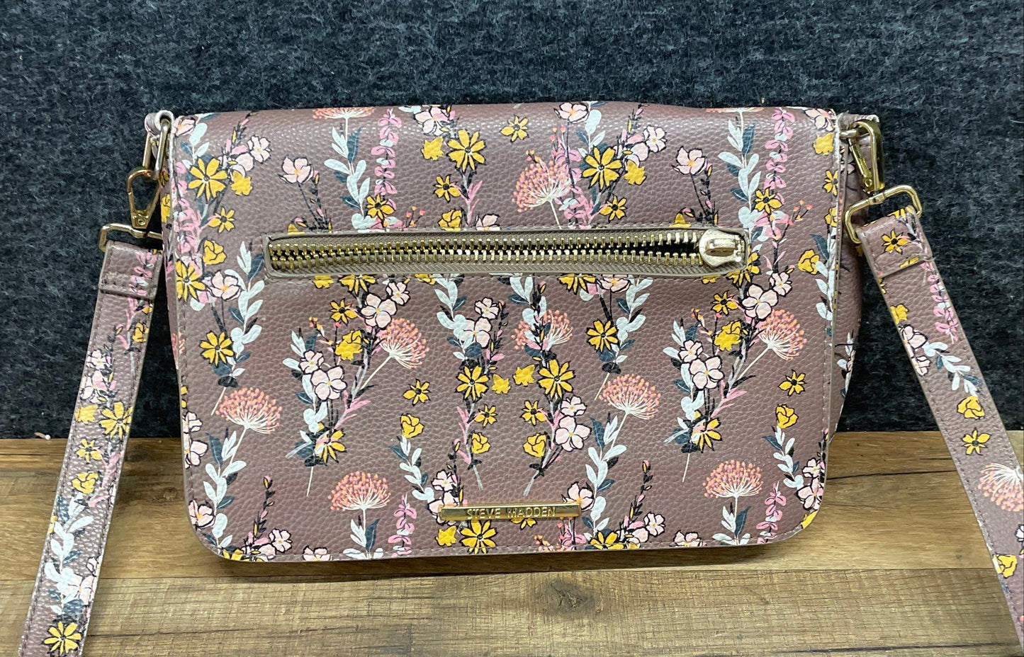 Steve Madden Mauve Brown Floral Faux Leather Crossbody Bag Gold Hardware