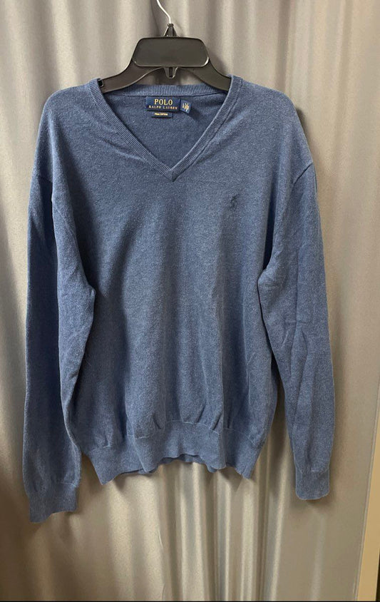 Polo Ralph Lauren Men's Blue Pima Cotton V-Neck Heathered Sweater Sz L