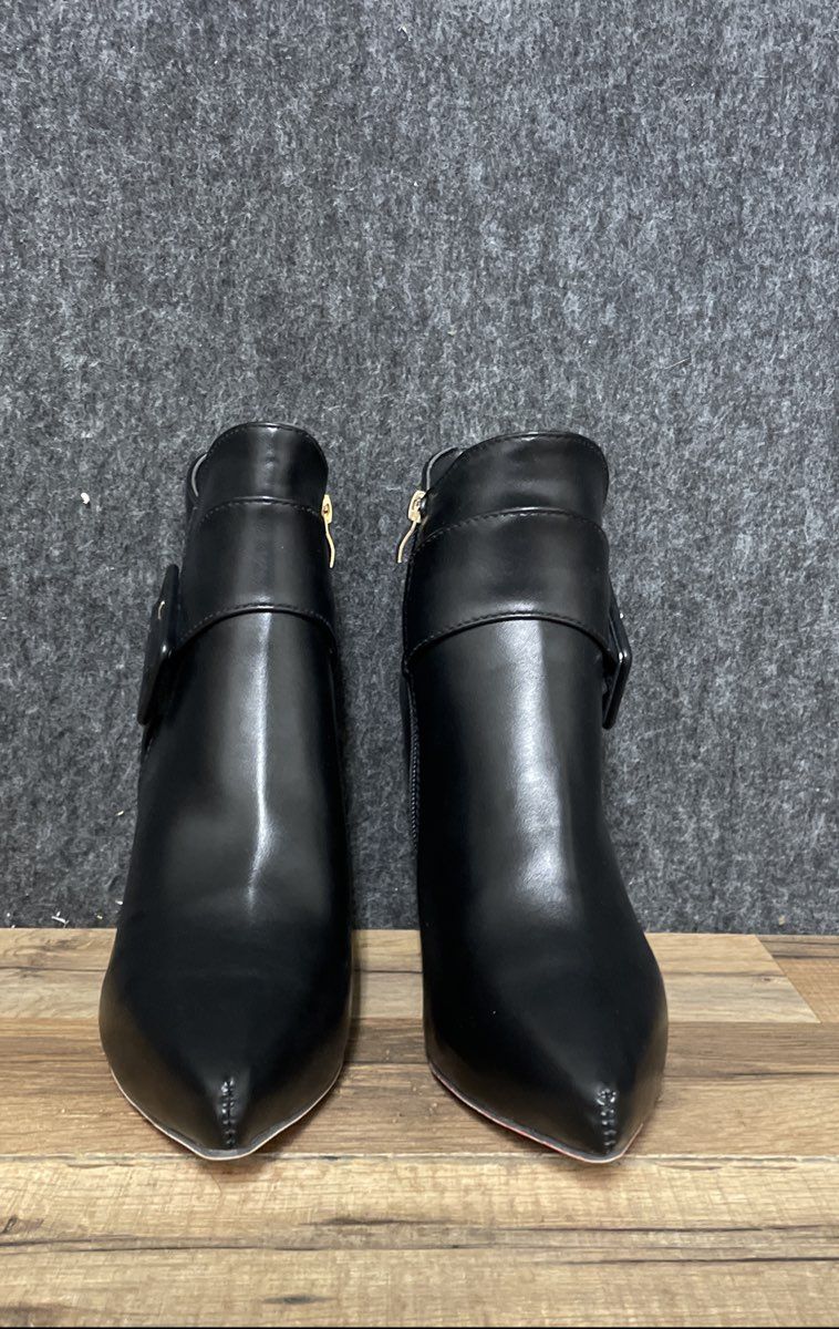 DS Black Faux Leather Pointed Toe Buckle Ankle Booties Size 38 EU 7.5 US