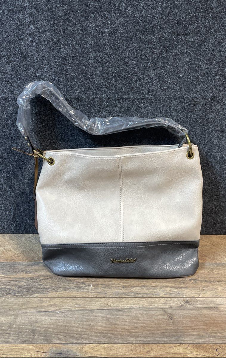 Montana West Grey Cream PU Leather Shoulder Bag Hobo Purse NWT Brass Hardware