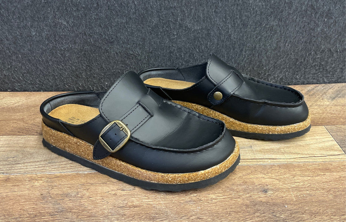Project Cloud Black Genuine Leather Buckle Loafer Mule Clogs Women's Size 6.5