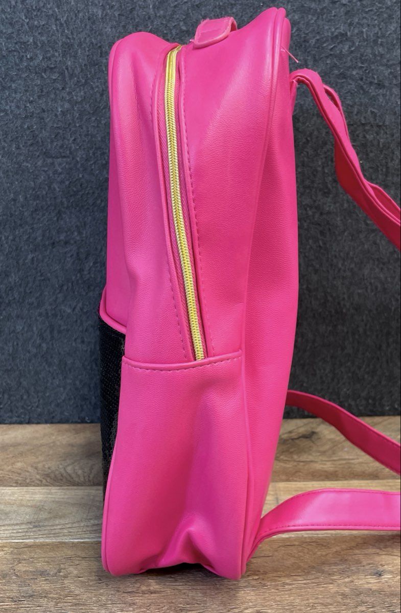 Juicy Couture Pink Faux Leather Backpack Black Sequin Gold Tone Hardware