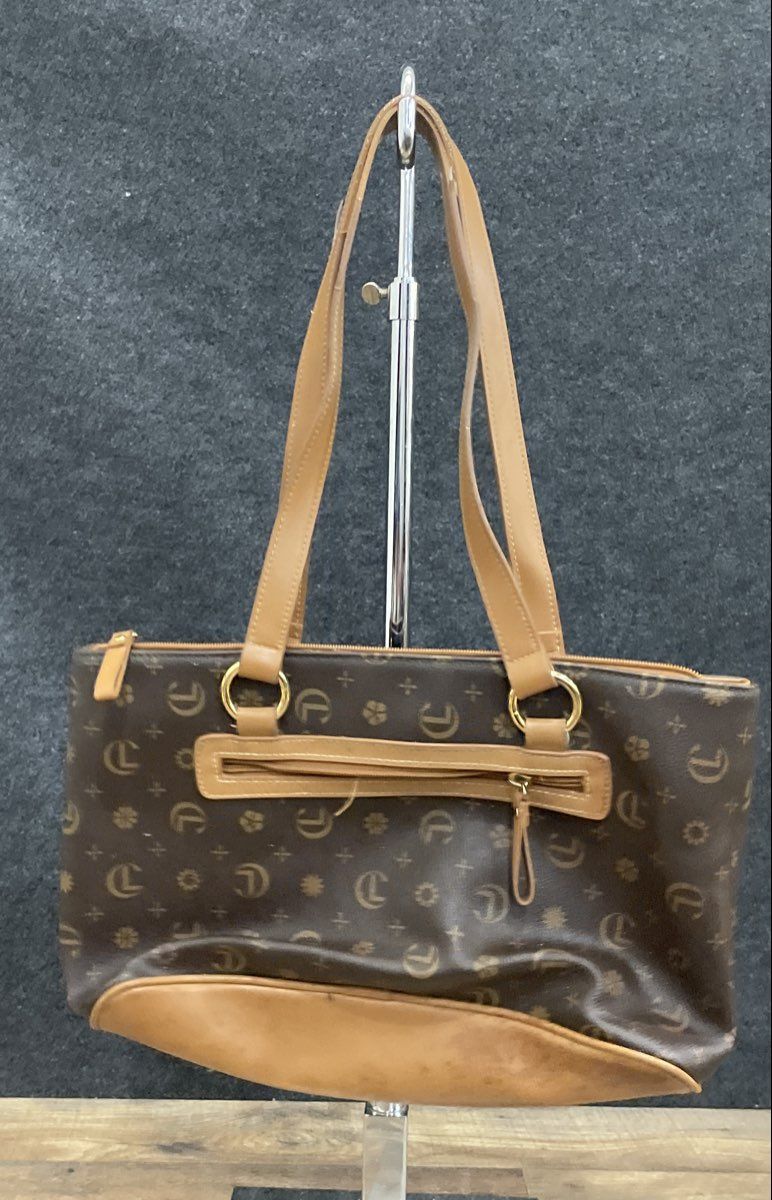 Christian Lacroix Brown Tan Monogram Coated Canvas Tote Shoulder Bag Gold Tone