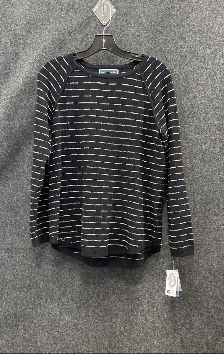 Karen Scott Women's Black Striped Curved Hem Long Sleeve Knit Top Sz PM NWT