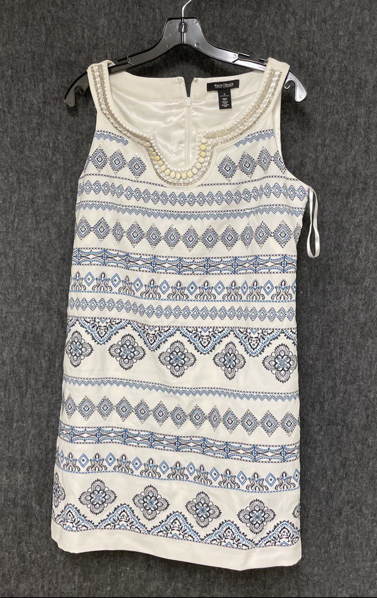 White House Black Market Women's White Blue Embellished Geometric Shift Dress 8