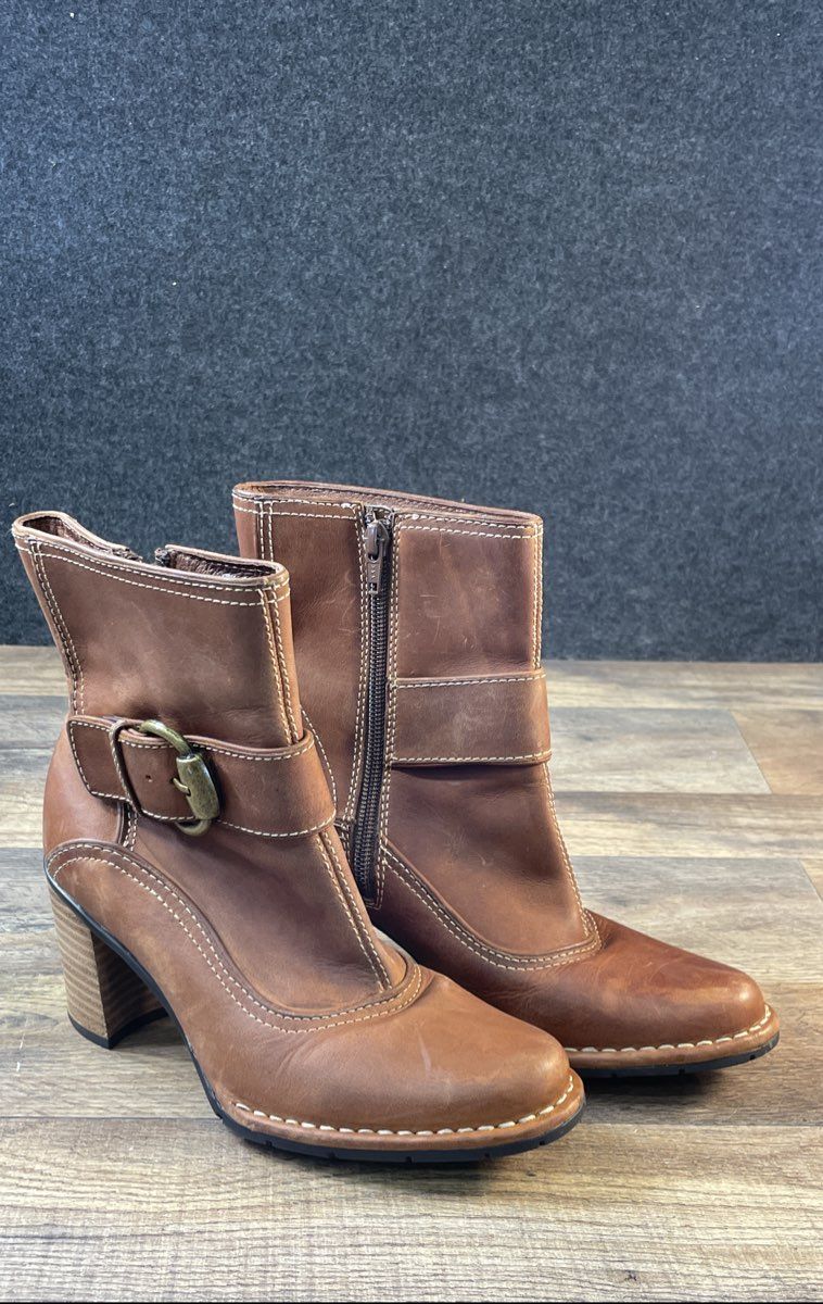 Indigo by Clarks Brown Leather Buckle Zip Chunky Heel Ankle Boots