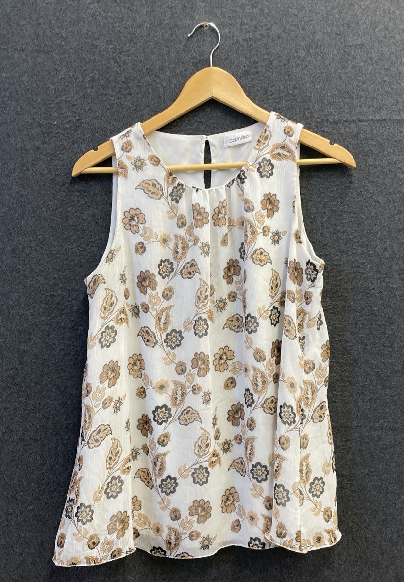Calvin Klein Women's White Tan Floral Sleeveless Keyhole Lined Blouse Top
