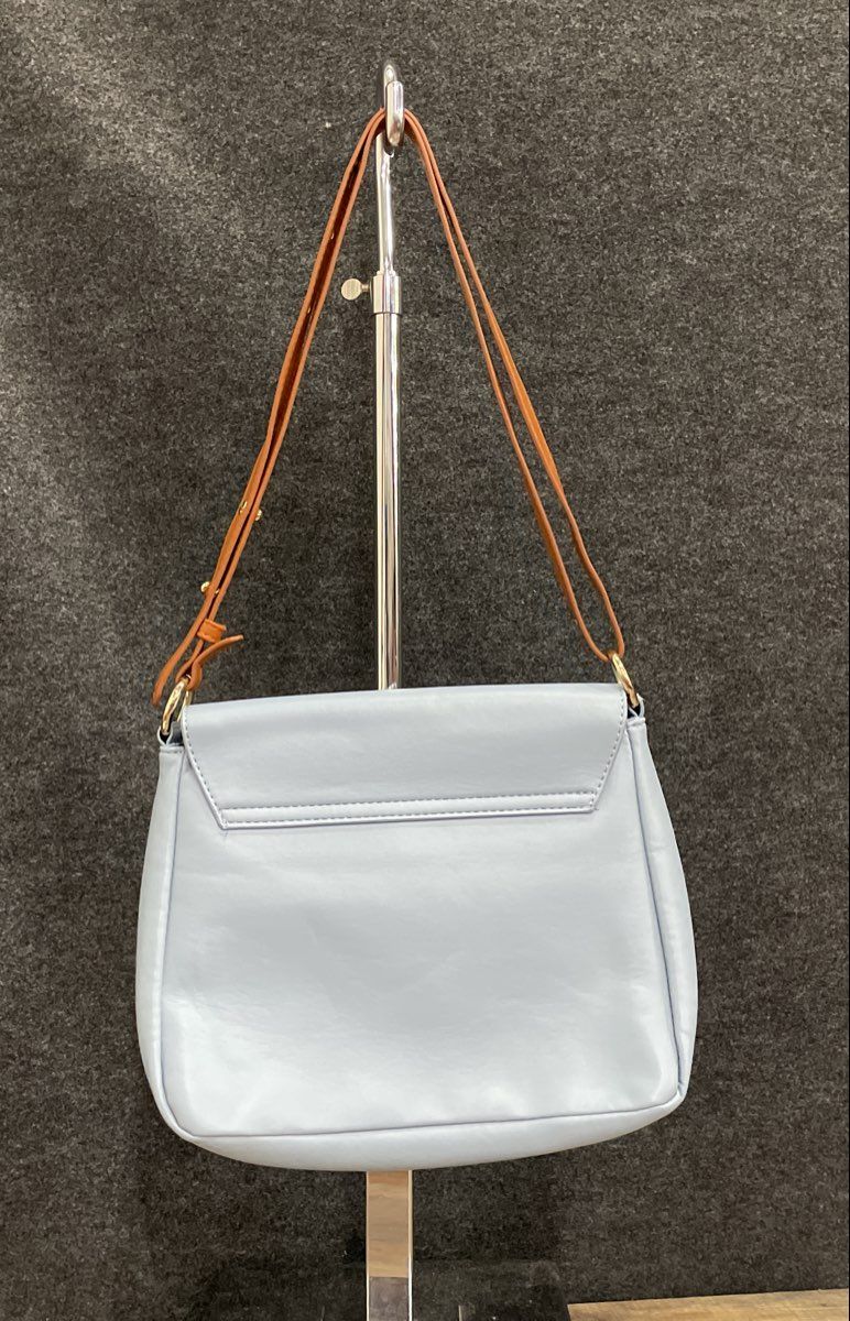 Light Blue Faux Leather Shoulder Bag Tan Adjustable Strap Gold Hardware 13x10