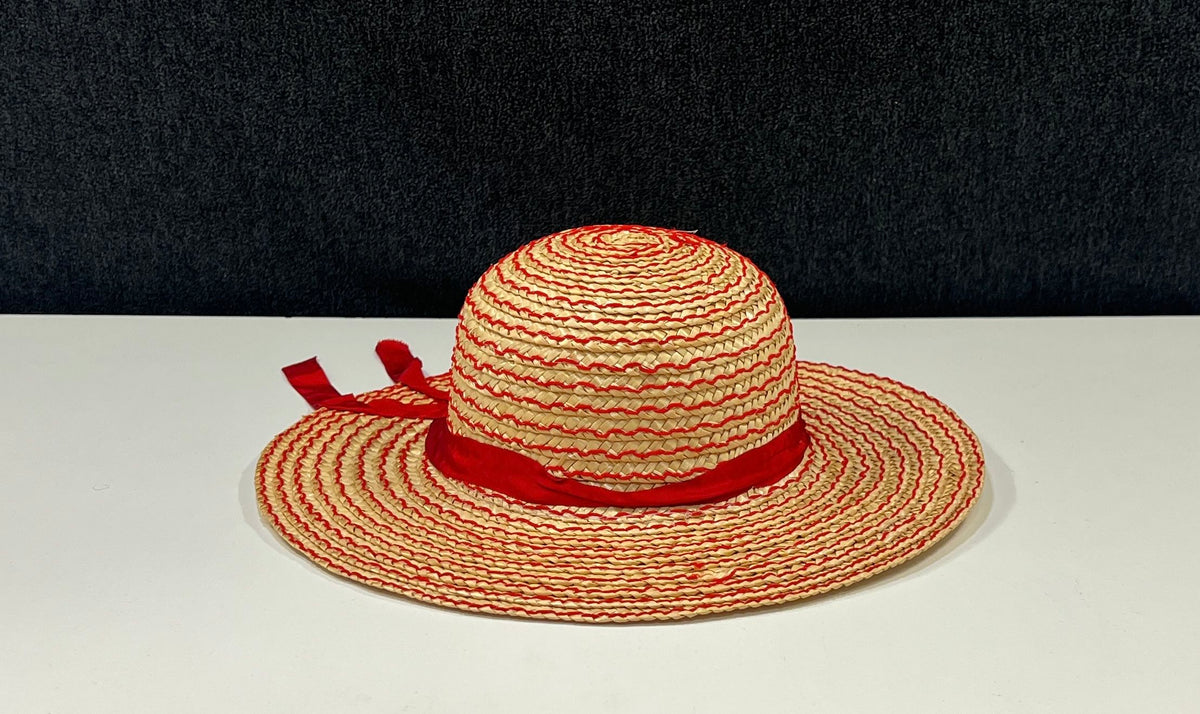Vintage 80s Woven Straw Sun Hat Red Stitched Detail Wide Brim Ribbon Sz OS