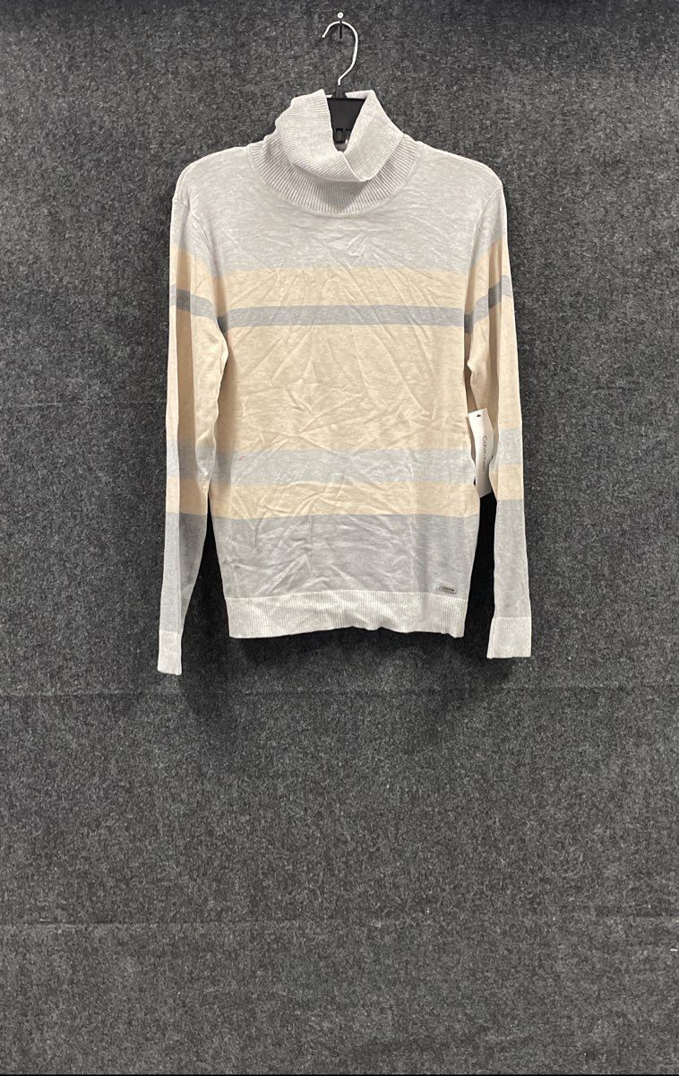 Calvin Klein Women's Turtleneck Sweater Gray Cream Striped Fine Knit NWT Size L