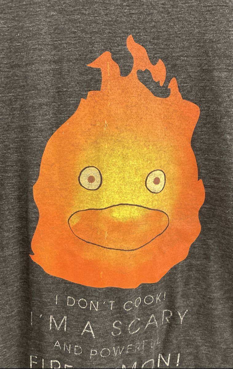 Bioworld Men's Howl's Moving Castle Calcifer Fire Demon Gray Anime Shirt Sz L
