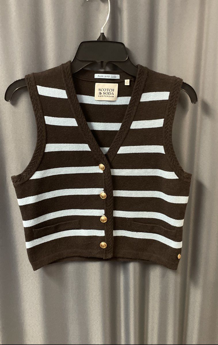 Scotch & Soda Women's Striped Cardigan Sweater Vest Dark Brown Blue Sz S