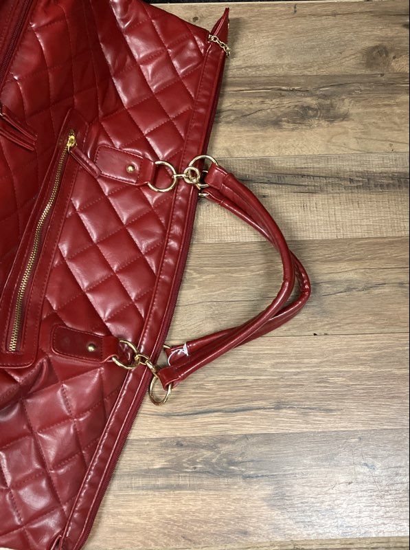 Red Quilted Faux Leather Weekender Travel Duffle Bag Overnight Luggage