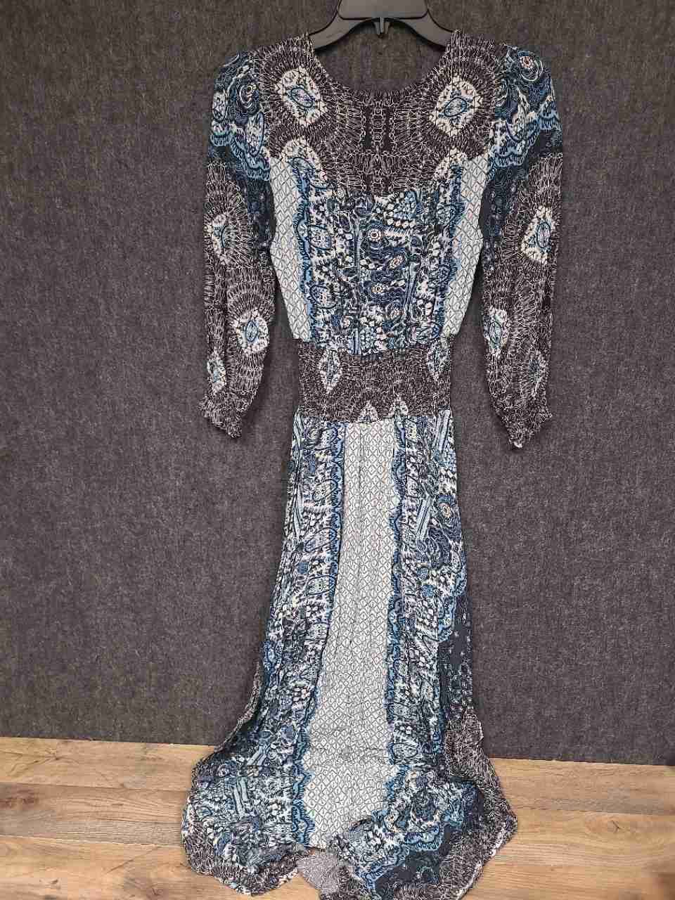 Free People Women's Blue Paisley Smocked Waist Button Front Maxi Dress Sz XS