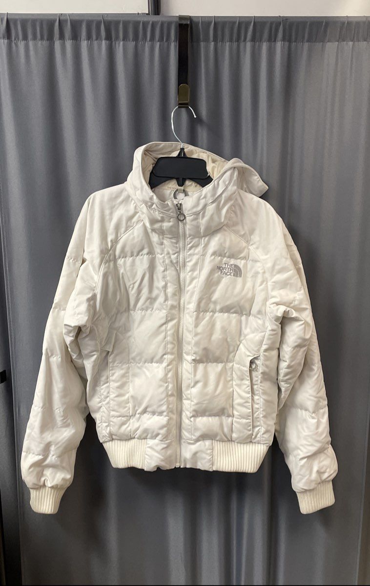 The North Face Women's White Hooded Quilted Puffy Bomber Jacket Parka Sz M