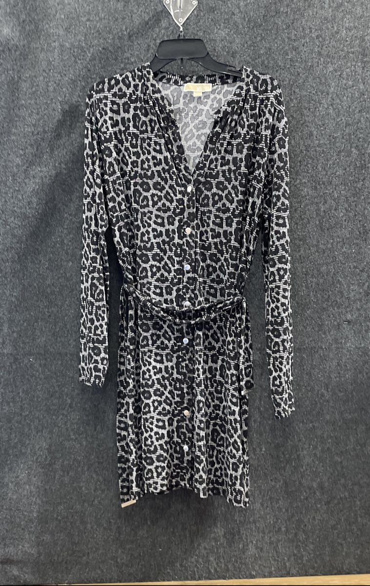 Michael Kors Women's Black Gray Leopard Animal Print Belted Shirt Dress Sz XL