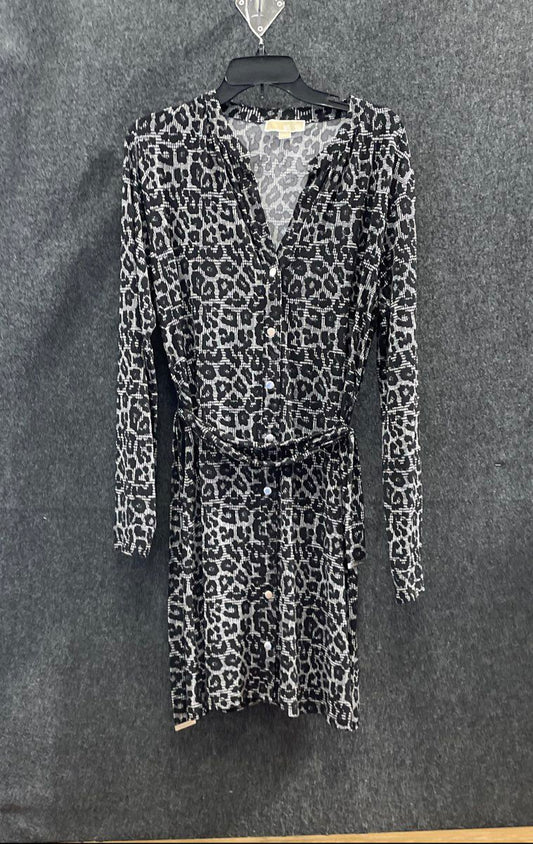 Michael Kors Women's Black Gray Leopard Animal Print Belted Shirt Dress Sz XL