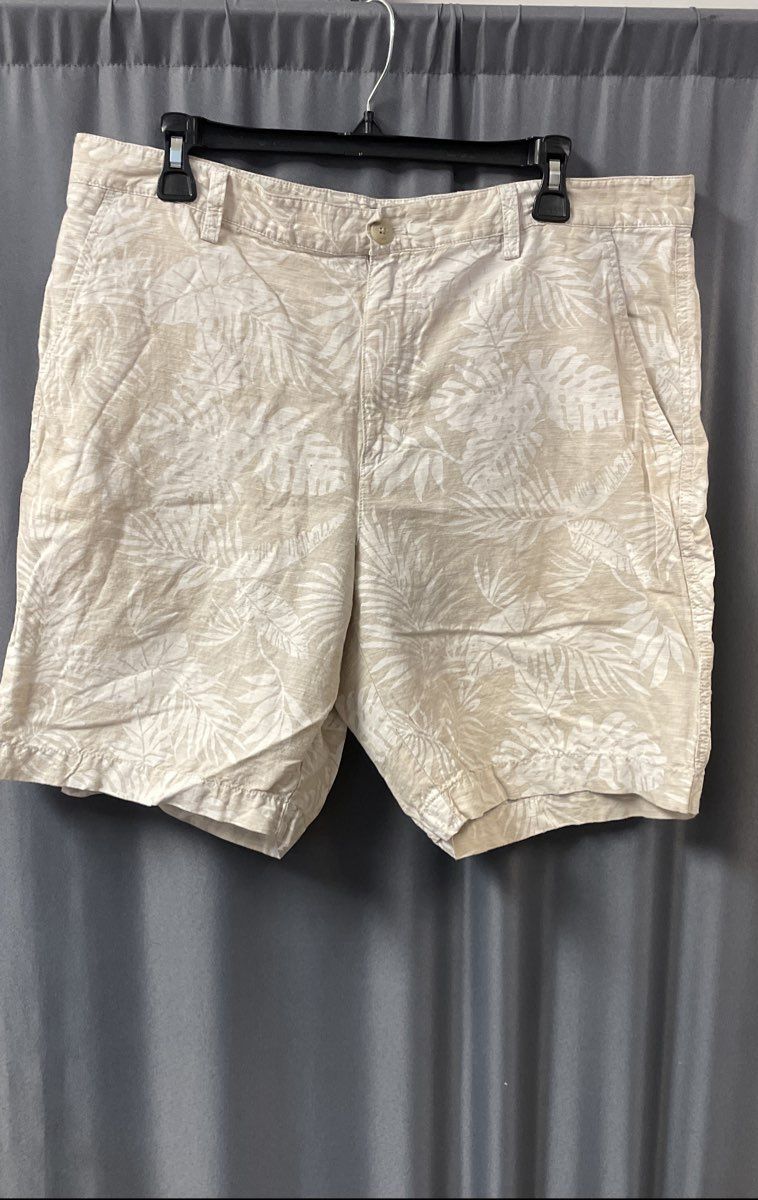 Chaps Men's Beige Tropical Palm Print Linen Blend Shorts Size 36