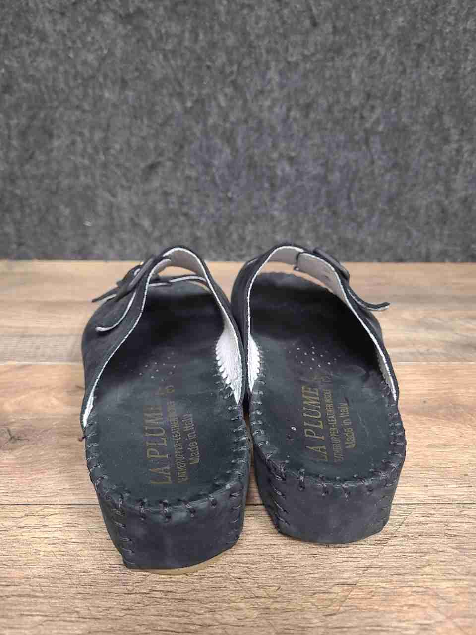 La Plume Black Leather Two-Strap Slide Sandals Made in Italy Size 37