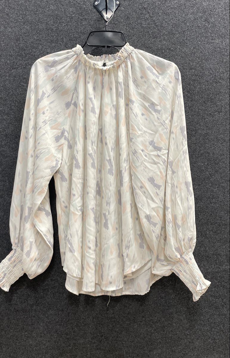 Glam Women's Blouse White Multicolor Abstract Print Smocked High Neck NWT Sz L