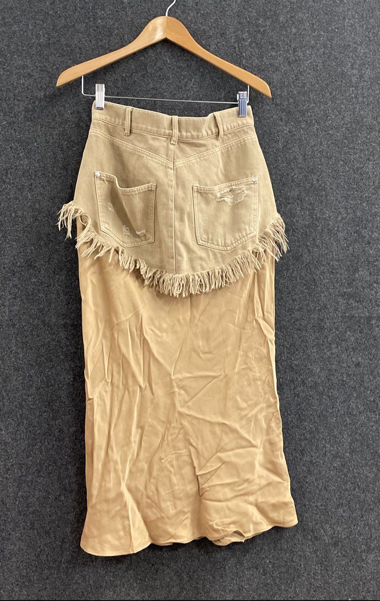 Pilcro Anthropologie Tan Distressed Denim Mixed Media Maxi Skirt Sz 2