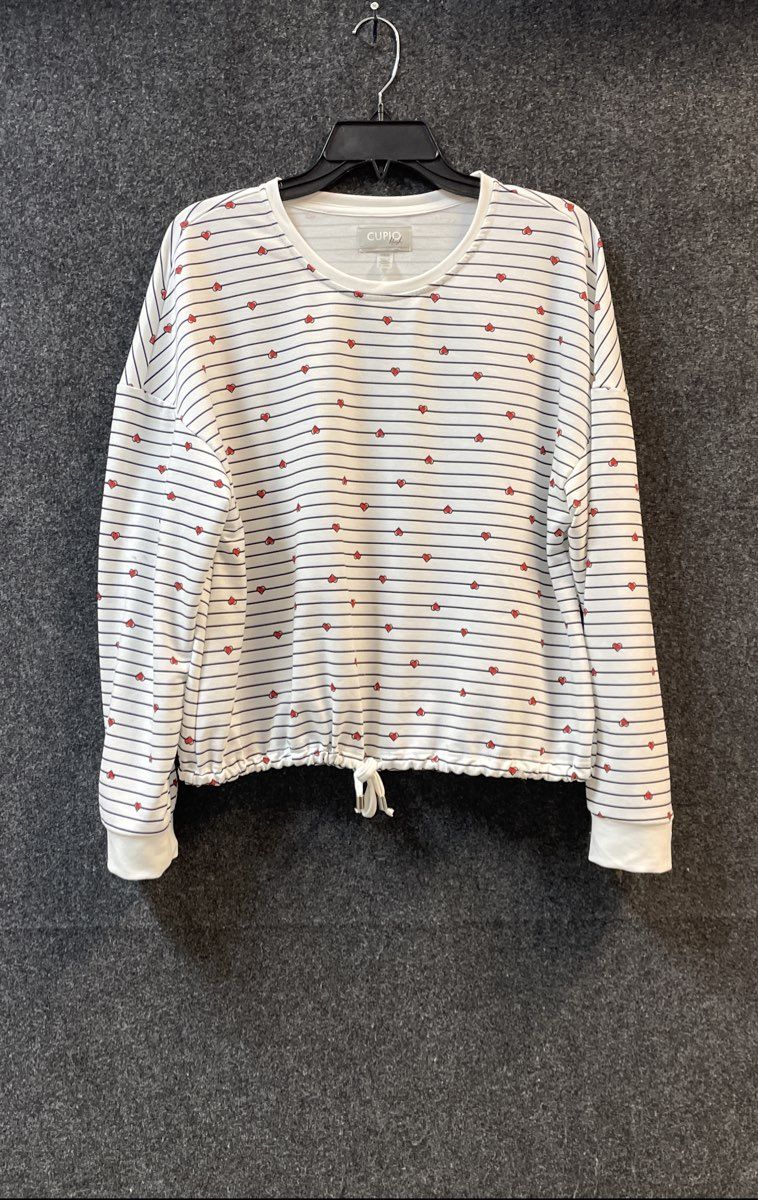 Cupio Blush Women's Shirt Top White Striped Red Hearts Drawstring Hem Size L