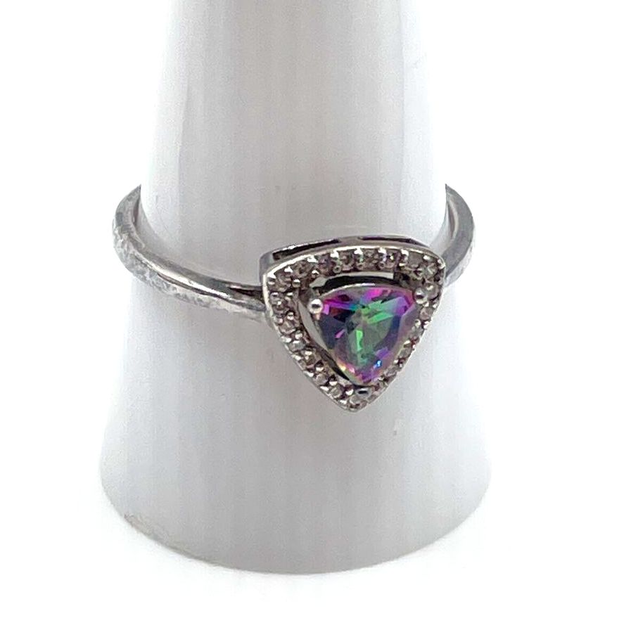 925 Sterling Silver Trillion Cut Mystic Topaz Ring w/ CZ Accent Stones 2.4g