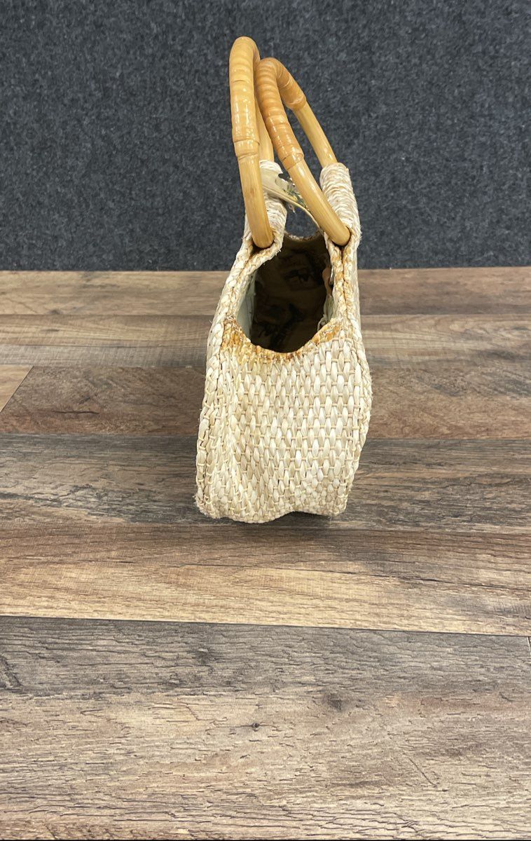 Vintage Fossil Forever Woven Straw Handbag Bamboo Top Handles Postcard Lining