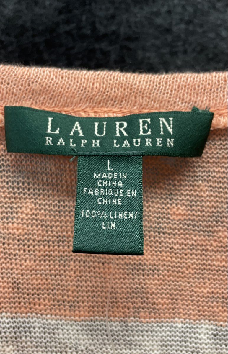 Lauren Ralph Lauren Pink White Striped 100% Linen Top Shoulder Button Sz L NWT