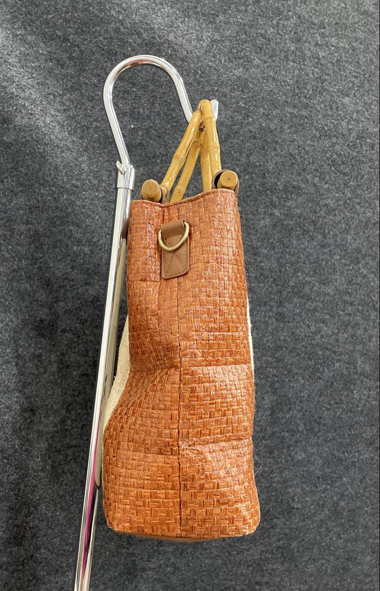 Bueno White Fabric Brown Leather Embroidered Woven Tote Bag Bamboo Handle