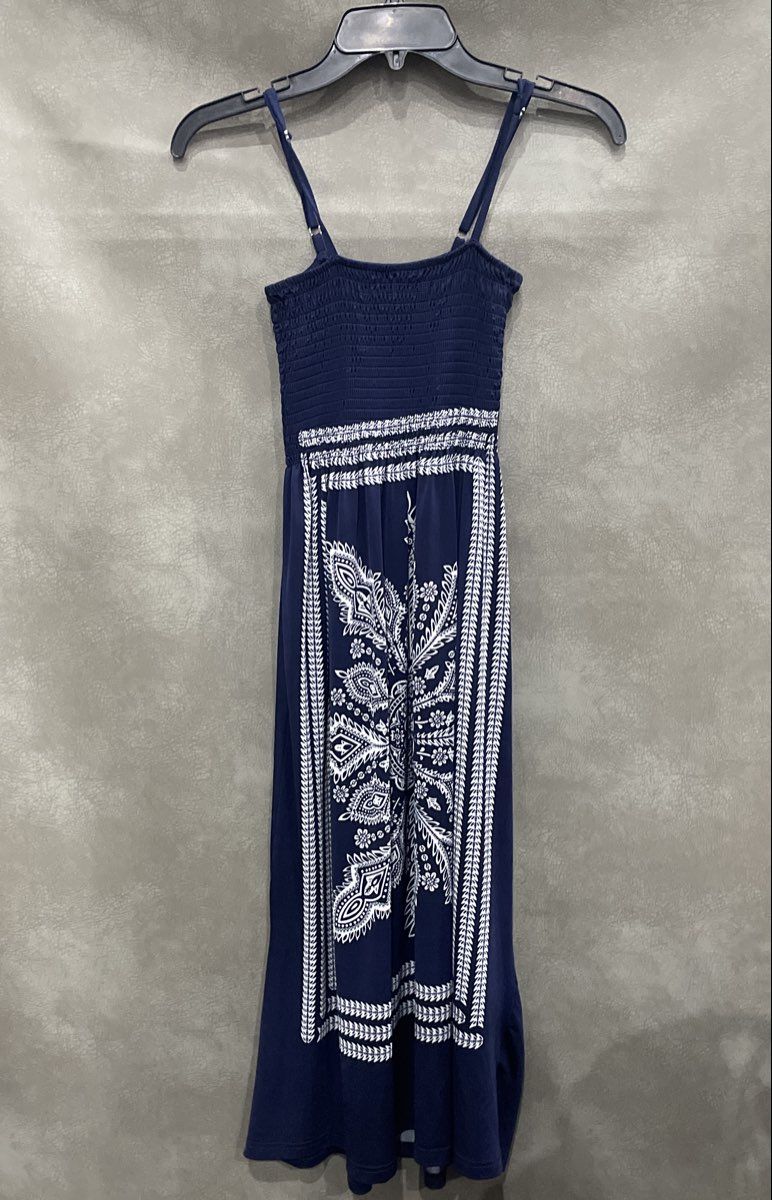 Cristina Love Women's Navy Blue Paisley Smocked Bodice Maxi Dress Sz M