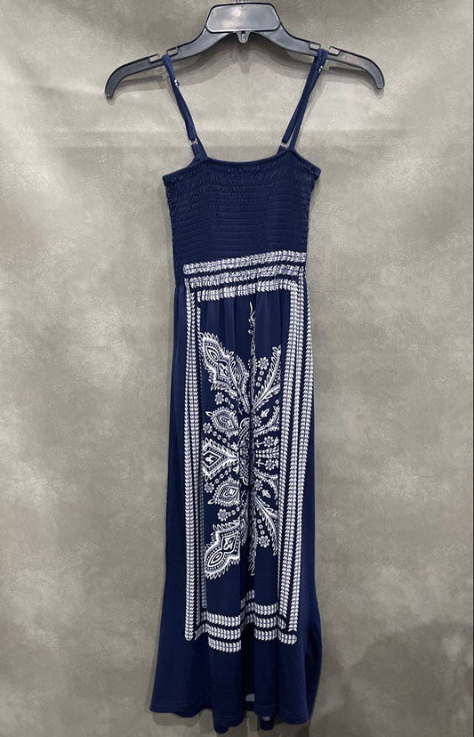 Cristina Love Women's Navy Blue Paisley Smocked Bodice Maxi Dress Sz M