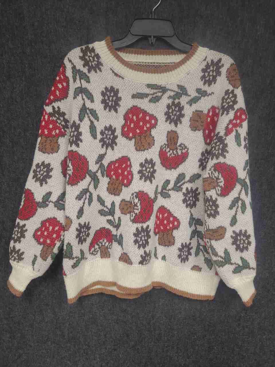 Romwe Women's Sweater Cream Red Mushroom Botanical Graphic Crewneck Size 0XL