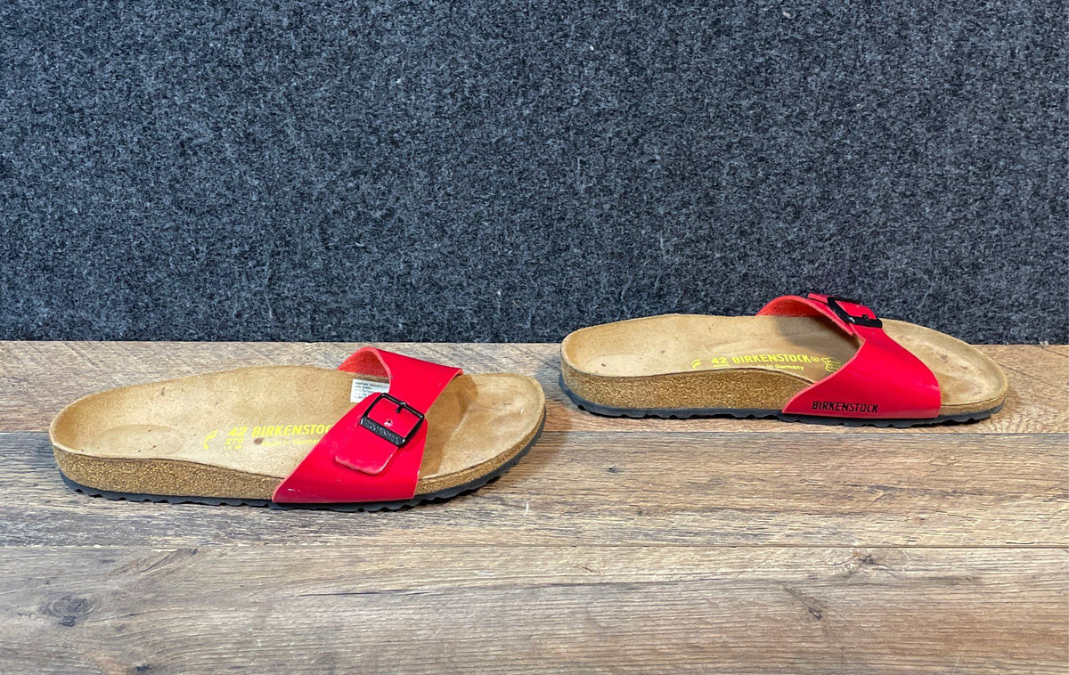 Birkenstock Madrid Red Glossy Patent Single Strap Slide Sandals Size 42
